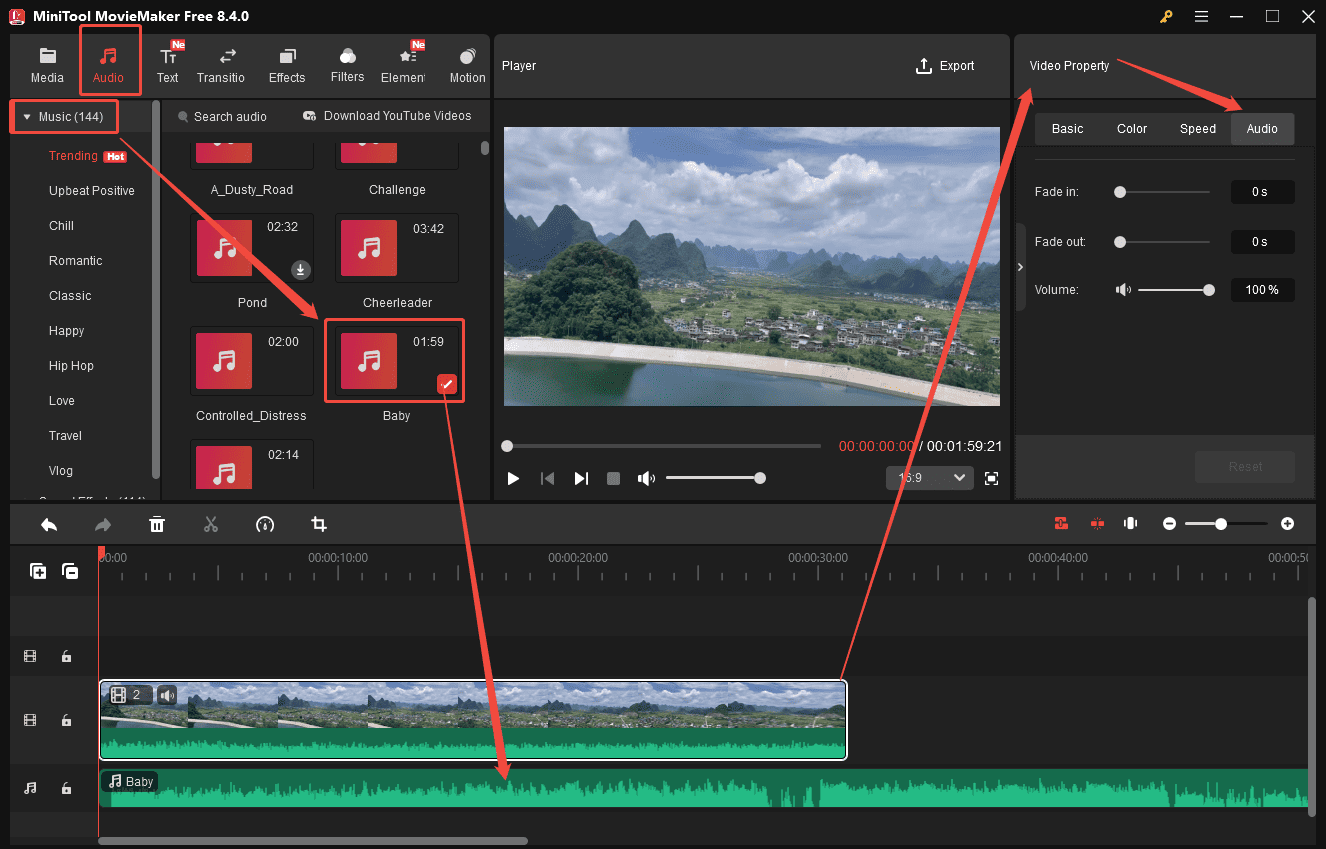 MiniTool MovieMaker interface that shows how to adjust audio properties and add music to your video.