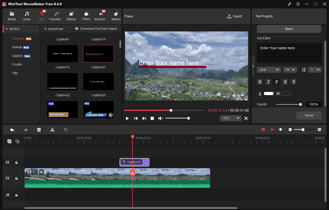 MiniTool MovieMaker interface that shows how to add text to the video.