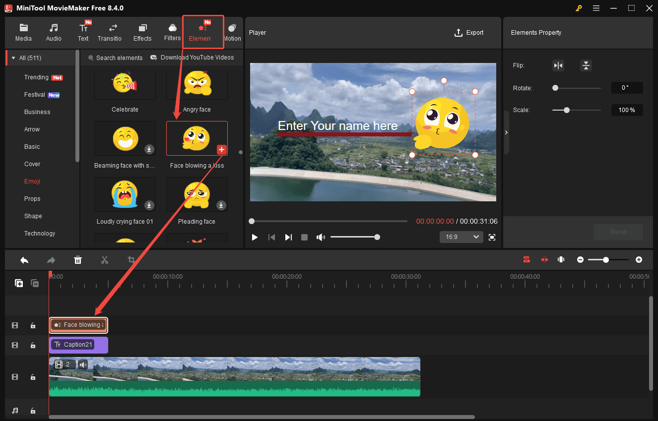 MiniTool MovieMaker interface that shows how to add elements to the video.