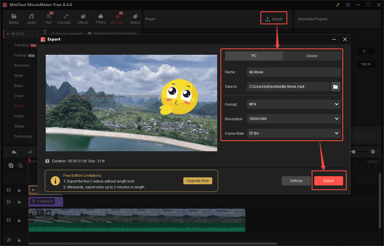 MiniTool MovieMaker interface that shows how to export the video to your computer.