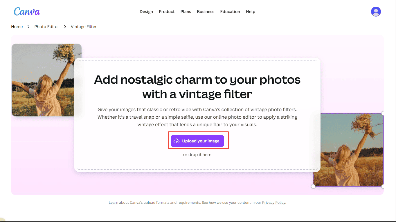 Canva interface with the selected Upload your image button.