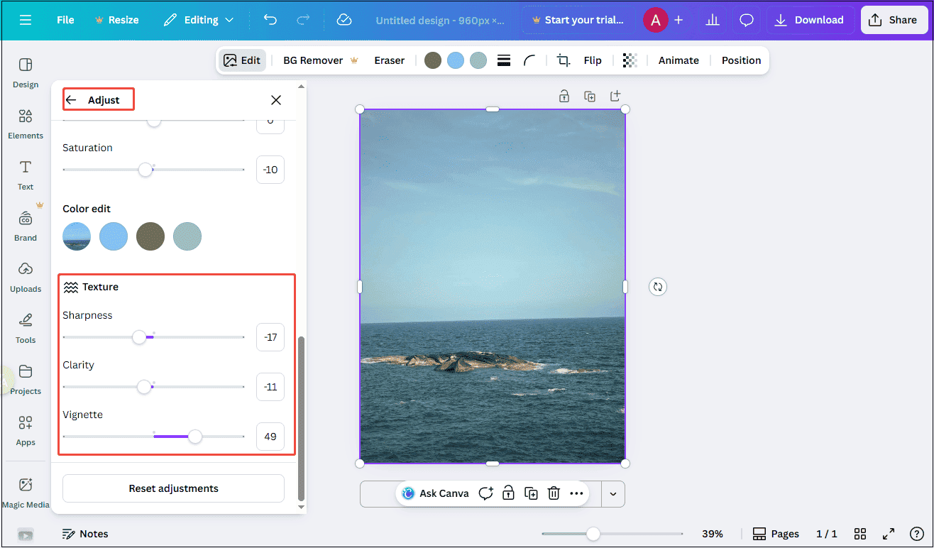 Canva interface that shows how to adjust the image texture, white balance, and color to make it look like film.