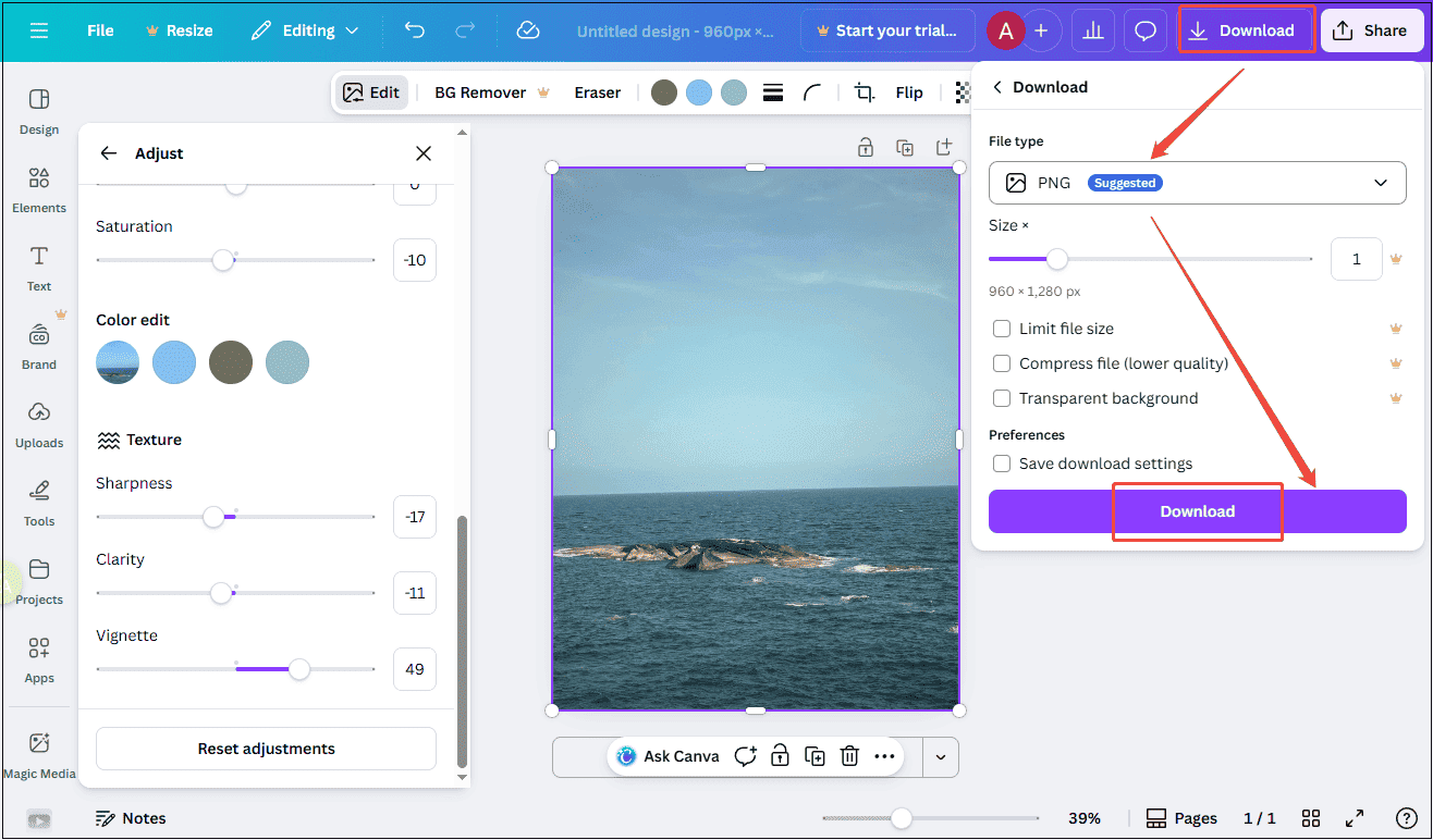Canva interface that shows how to download the image.