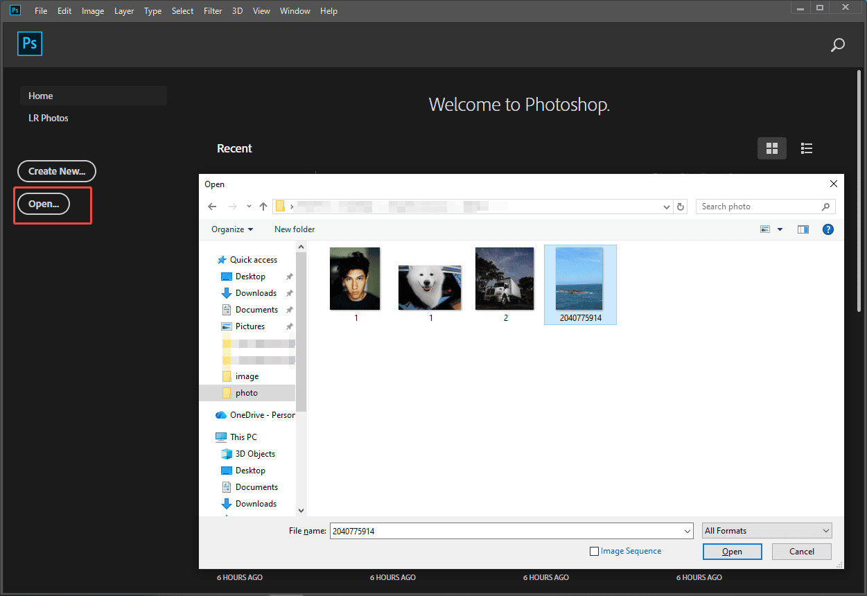 Photoshop interface with the selected Open… option.