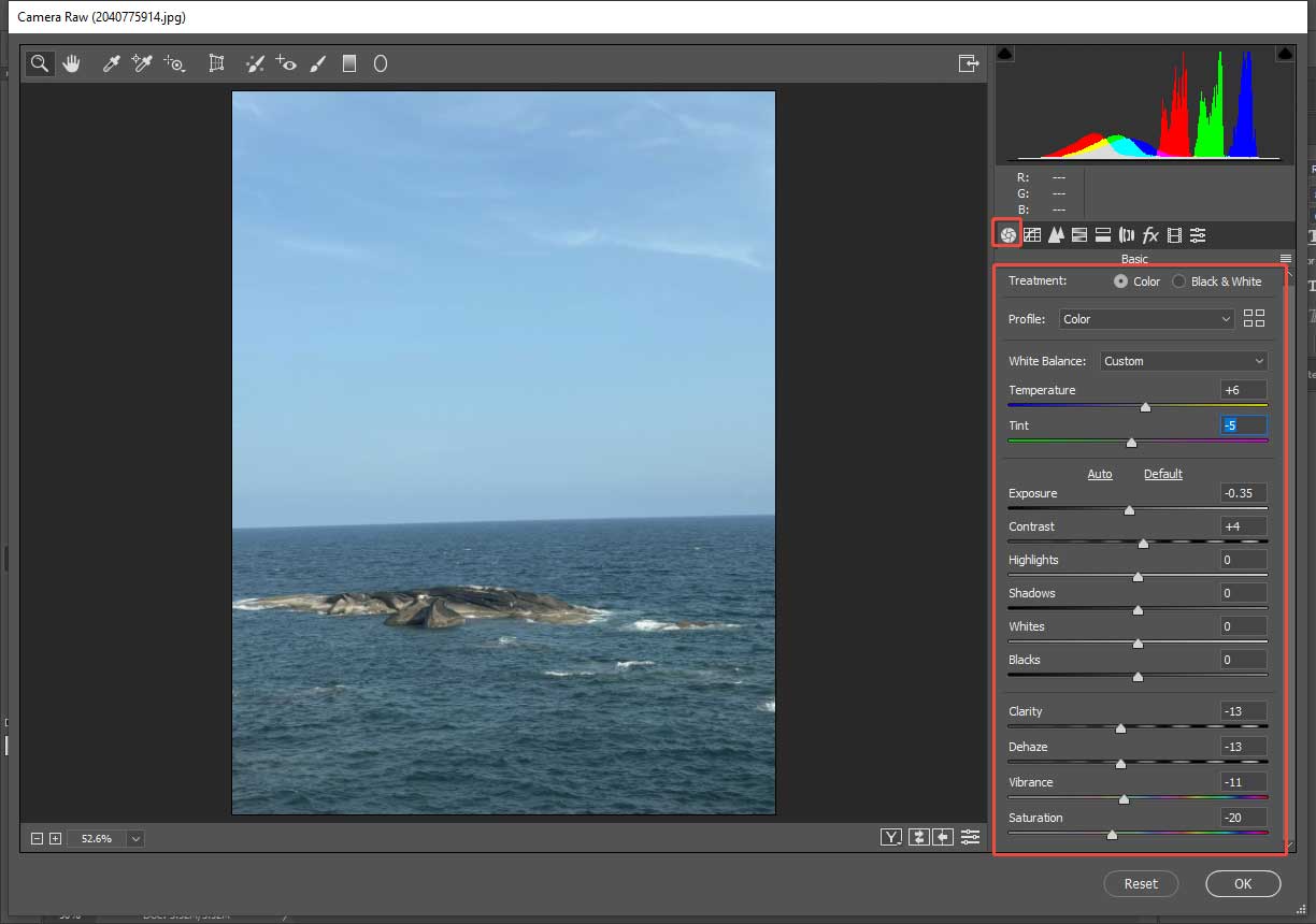 Photoshop Camera Raw window that shows how to adjust the image property to make it look like film.