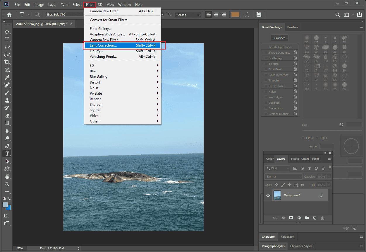 Photoshop interface with the selected Lens Correction…option from the Filter tab.