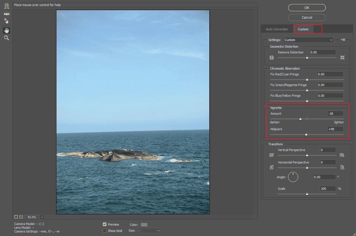 Photoshop lens correction window that shows how to adjust the vignette.