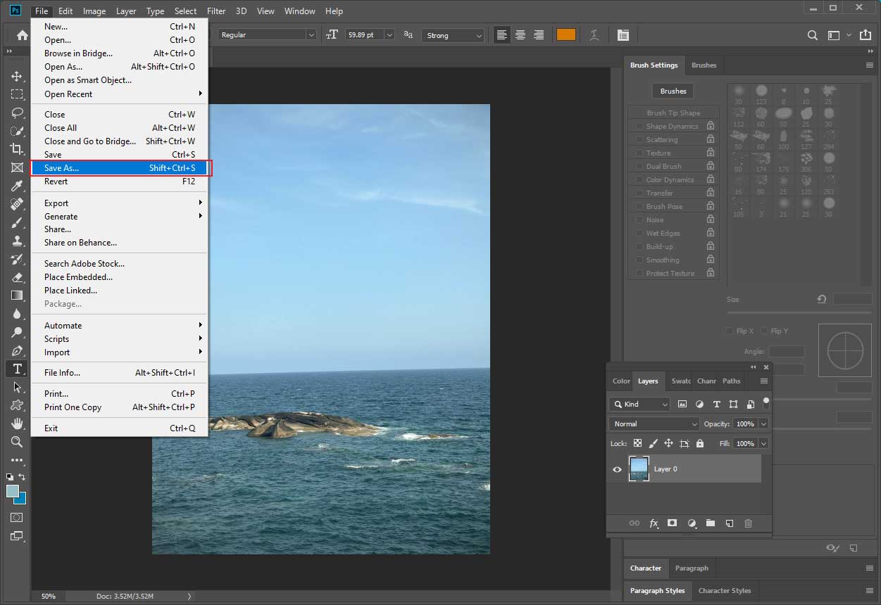 Photoshop interface with the highlighted Save As option from the File tab.