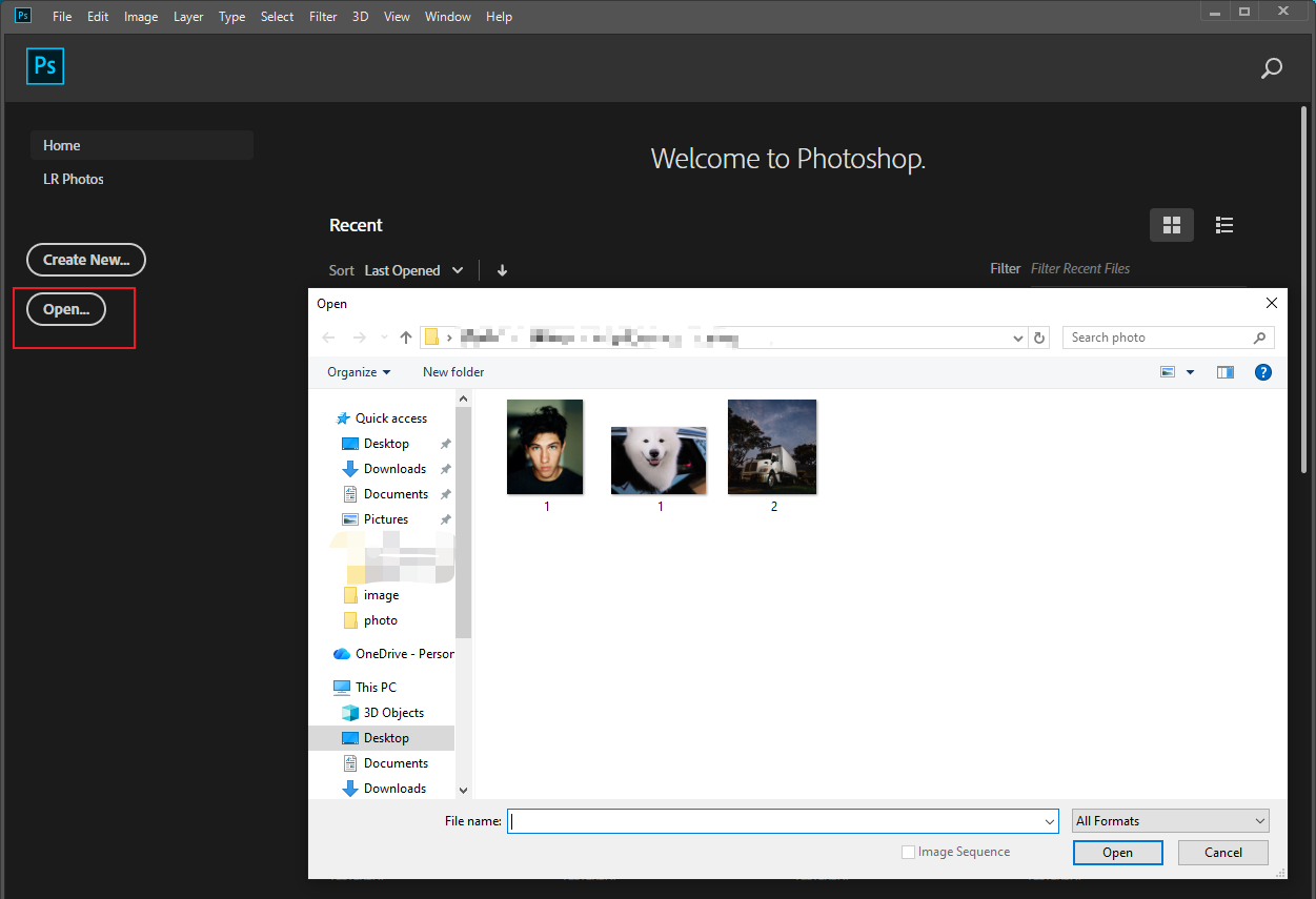 Photoshop interface with the selected Open option in the left panel.
