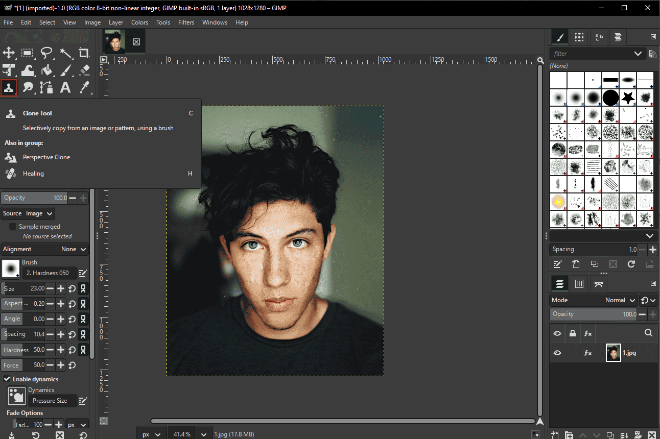 GIMP interface with the selected Clone Tool.