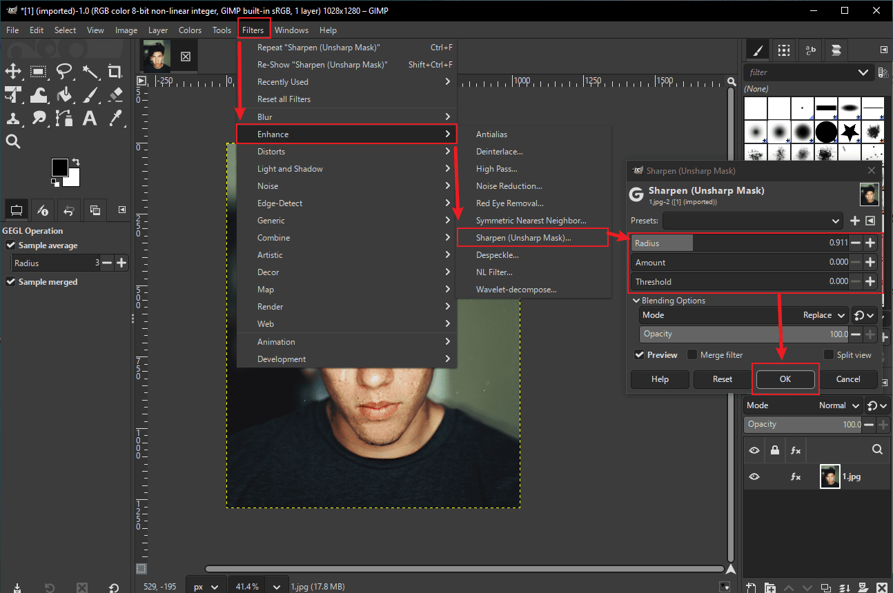GIMP interface that shows how to sharpen the image.