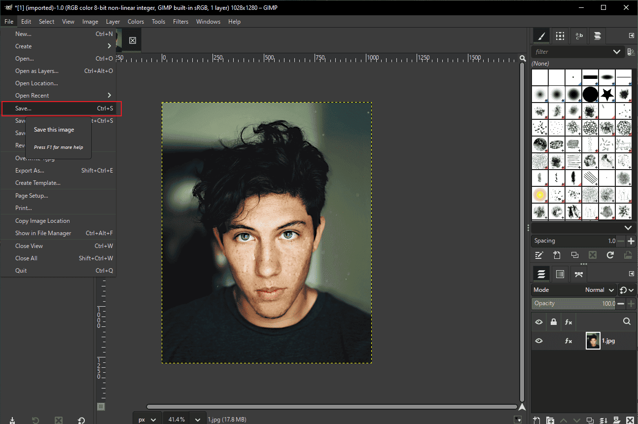 GIMP interface with the highlighted Save option.