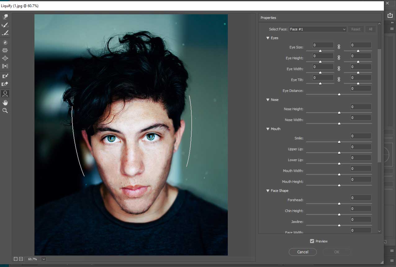 Photoshop Liquify window that shows how to change the face shape.