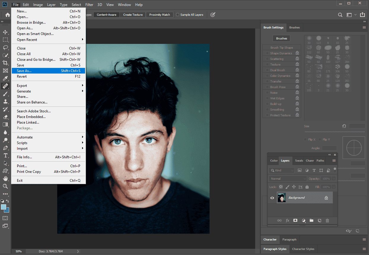 Photoshop interface with the highlighted Save As option.
