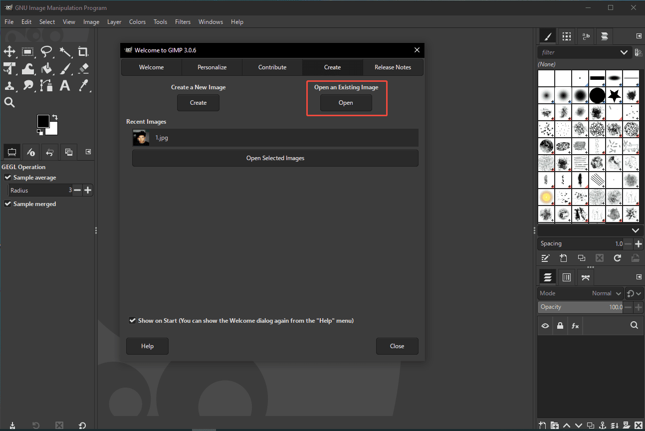 GIMP interface with the selected Open option.