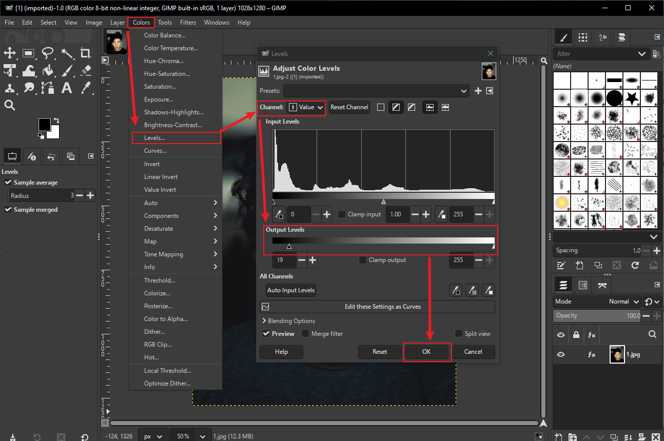 GIMP interface that shows how to adjust the image color.
