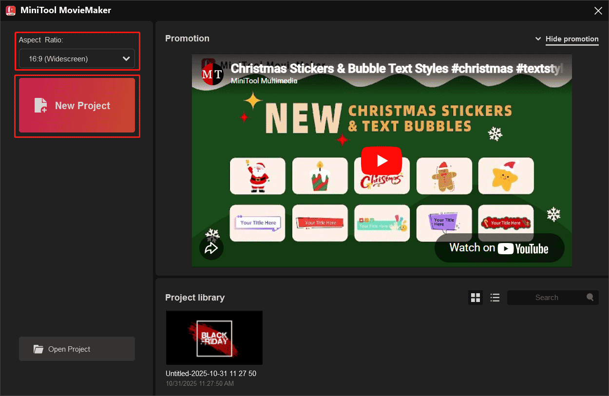 MiniTool MovieMakerでのアスペクト比を選択できるウィンドウ