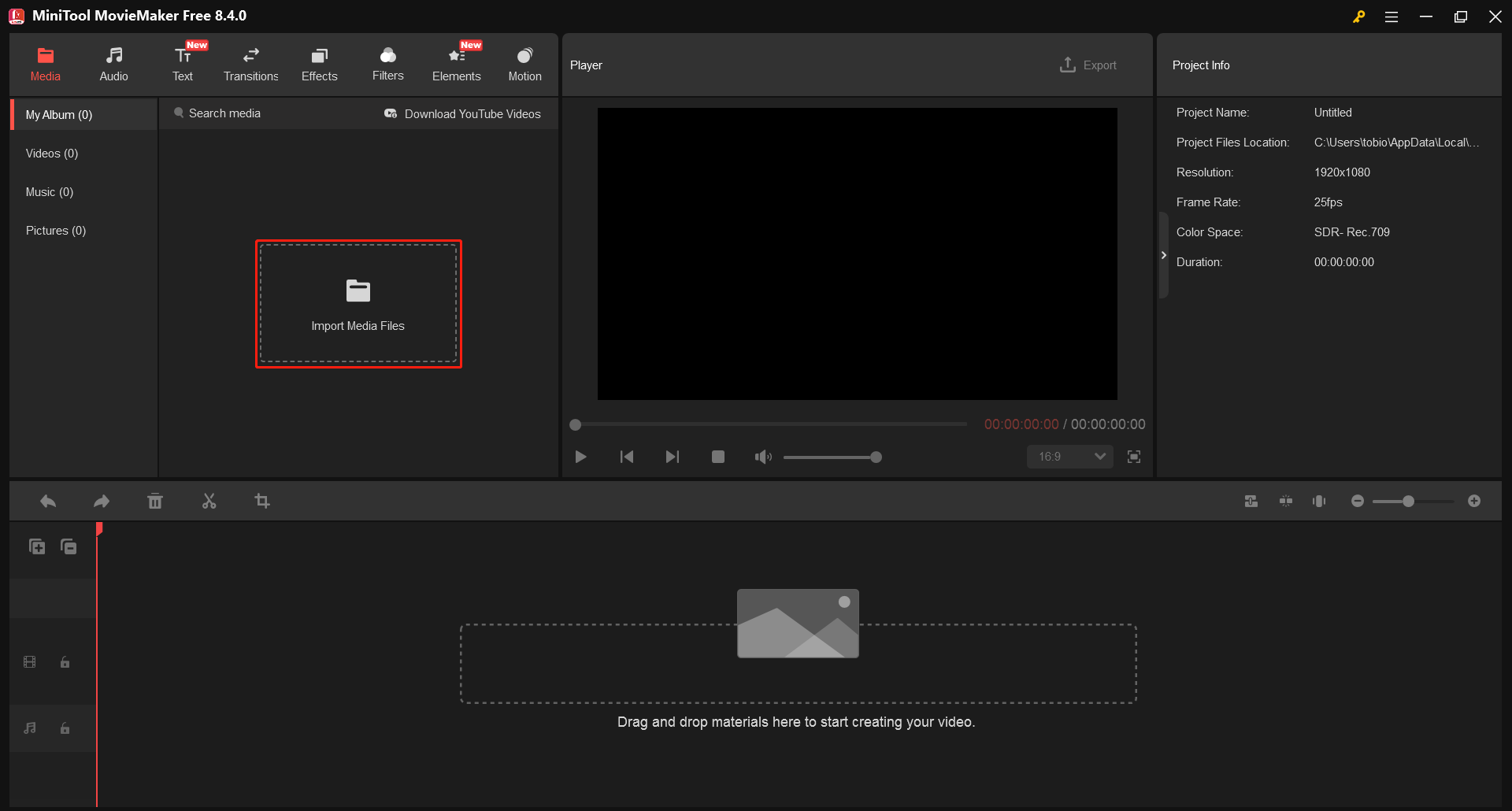 MiniTool MovieMakerメイン画面での「Import Media Files」エリア