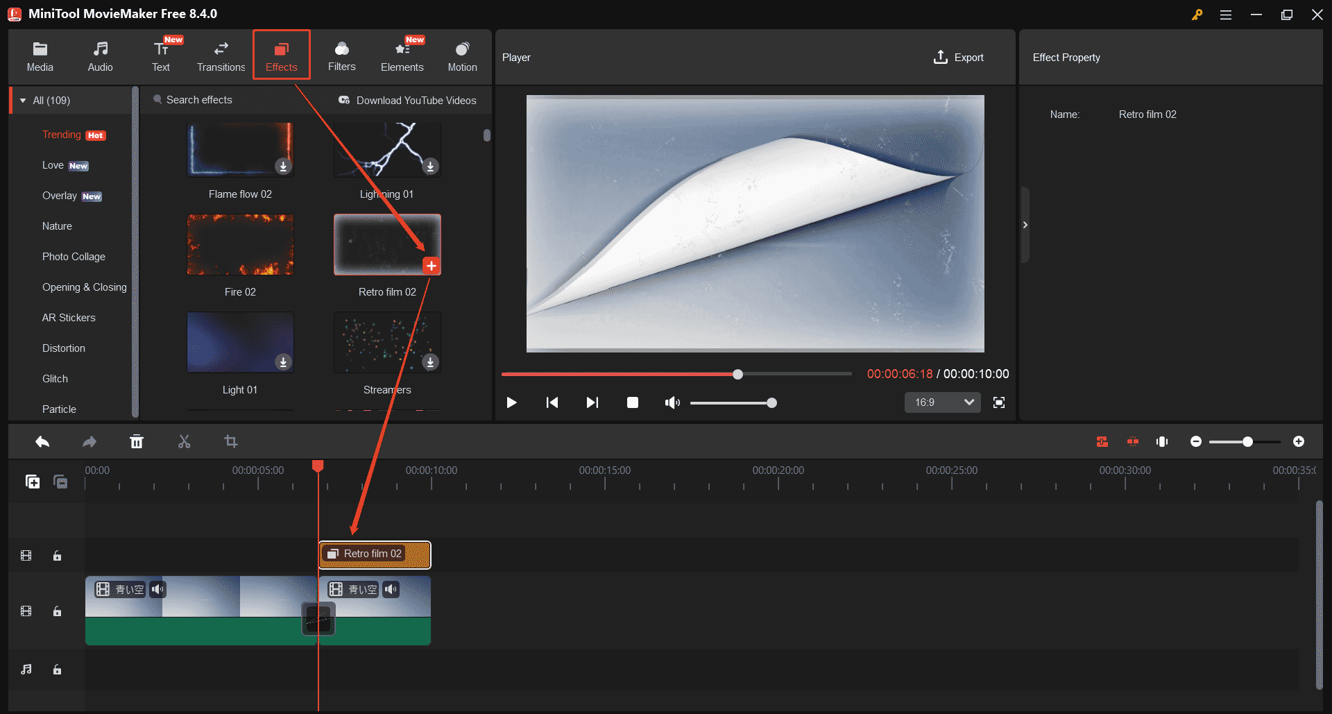 MiniTool MovieMakerでエフェクトを選択して動画に適用した画面