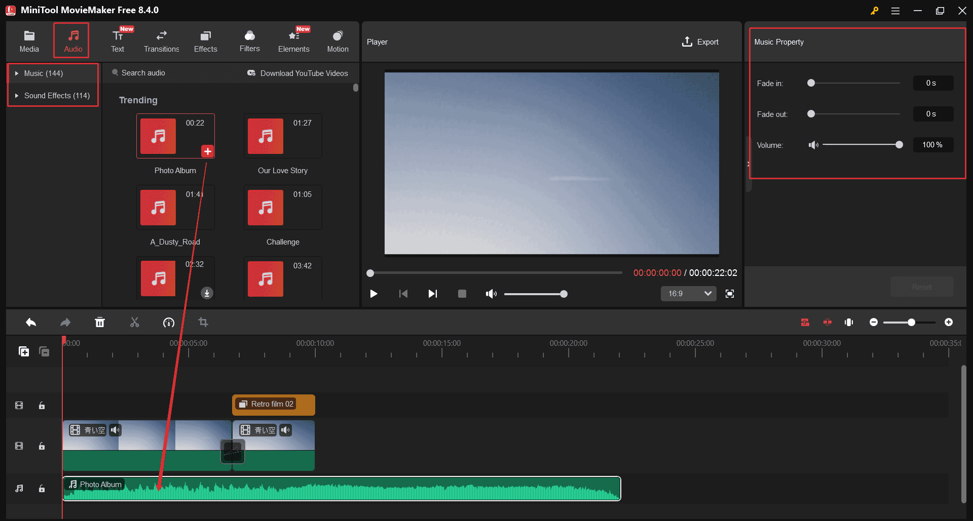 MiniTool MovieMakerで音楽を選択して動画に適用した画面および音楽調整パネル