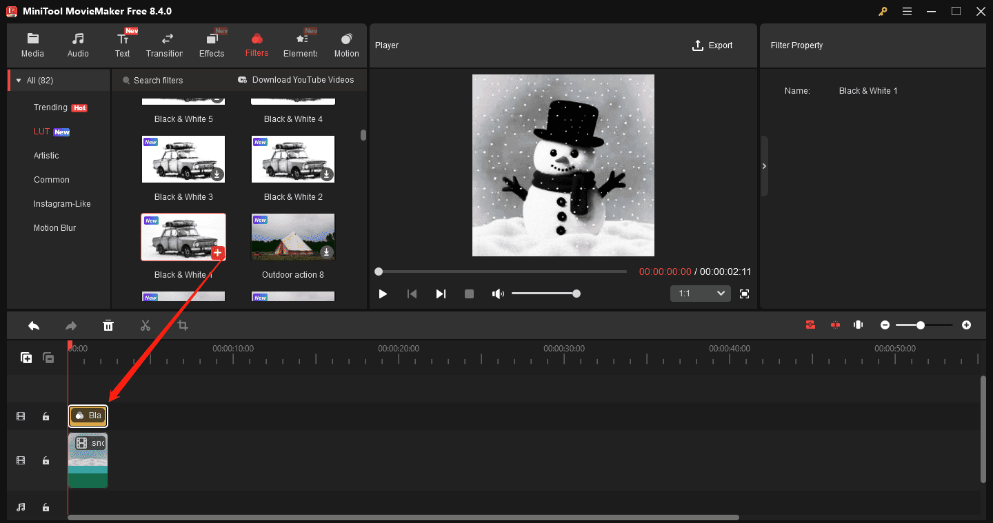 MiniTool MovieMaker interface showing how to add a black and white effect to a GIF.