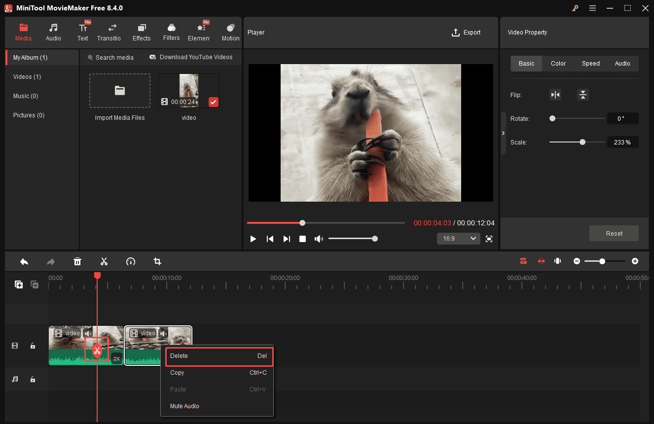 MiniTool MovieMakerで動画が分割された状態およびクリップを削除するオプション