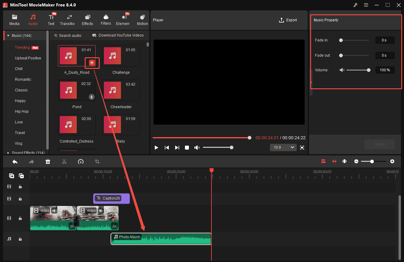 MiniTool MovieMakerで音声が動画に追加された状態または音声調整パネル