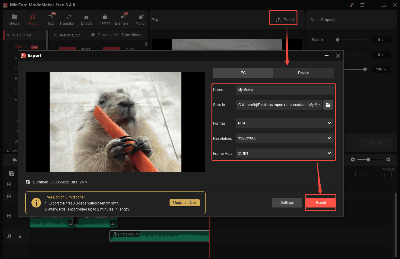 MiniTool MovieMakerで「Export」アイコンをクリックした後に表示されるエクスポートウィンドウ