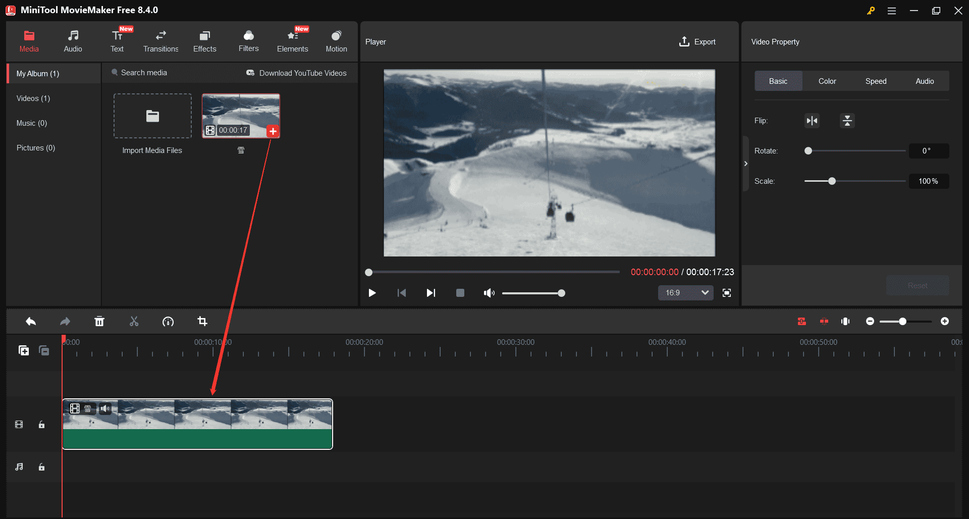 MiniTool MovieMakerでインポートしたMOV動画がタイムラインに追加された状態