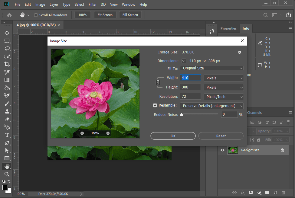 The Image Size dialog on the Photoshop interface.