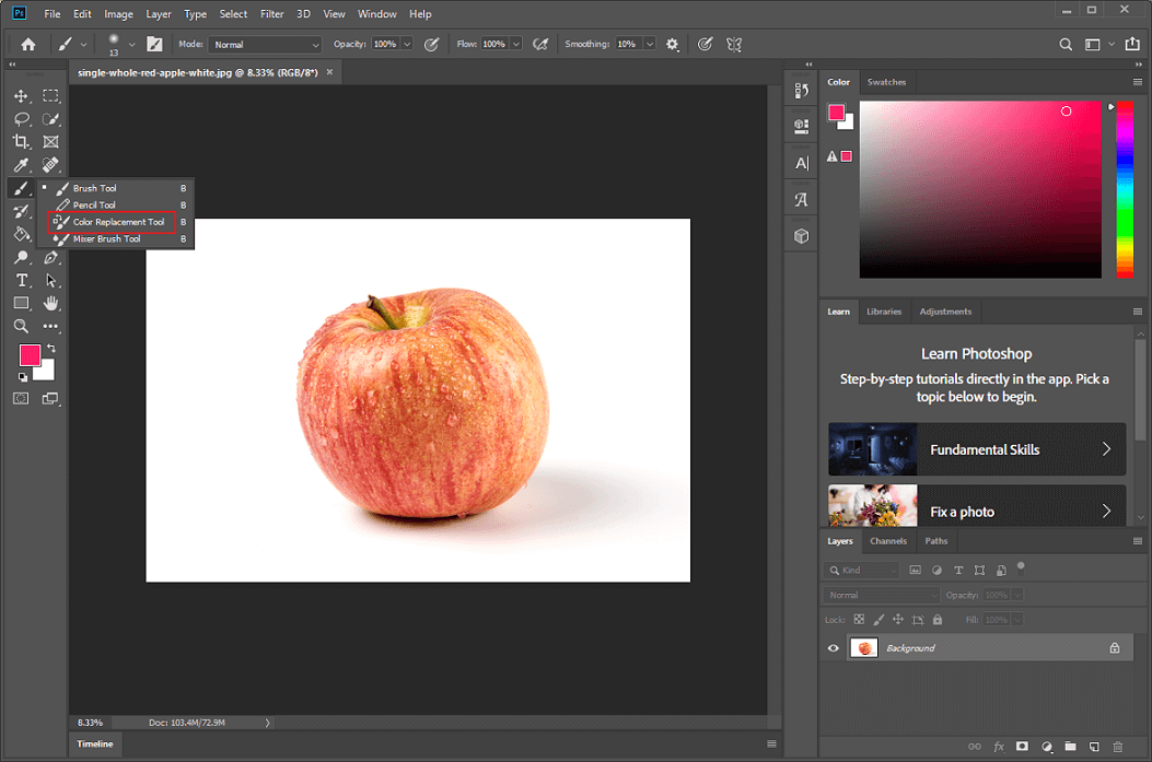 Photoshop’s interface with the Brush tool and Color Replacement Tool selected.