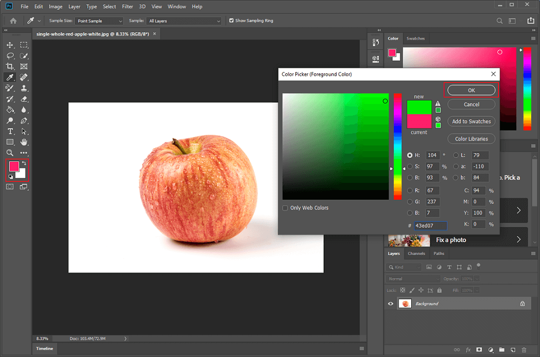 Photoshop’s interface with the foreground color window expanded and the OK button was selected.