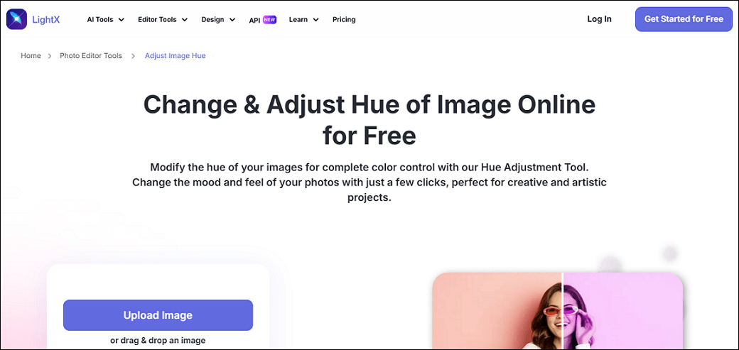 LightX’s Adjust Image Hue interface.