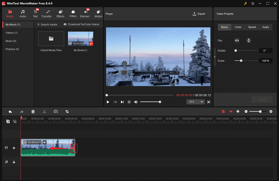 MiniTool MovieMaker interface with the Trim icon dragged inwards on the timeline to trim the video.