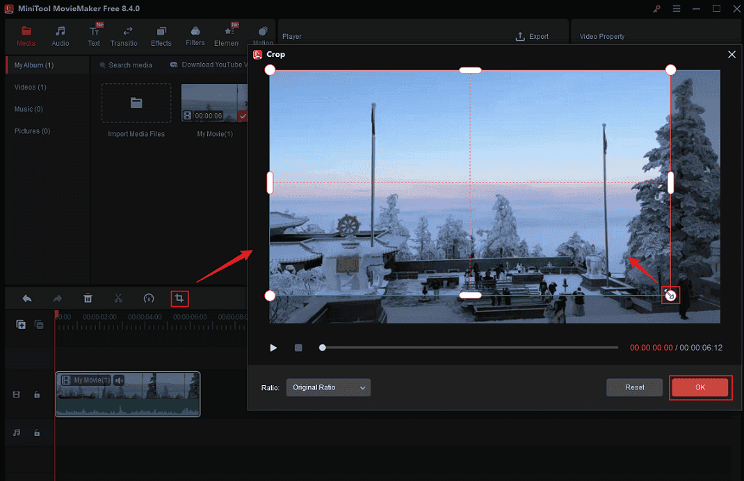 MiniTool MovieMaker’s Crop window with the double-arrow icon dragged inwards and the OK tab selected for video cropping.