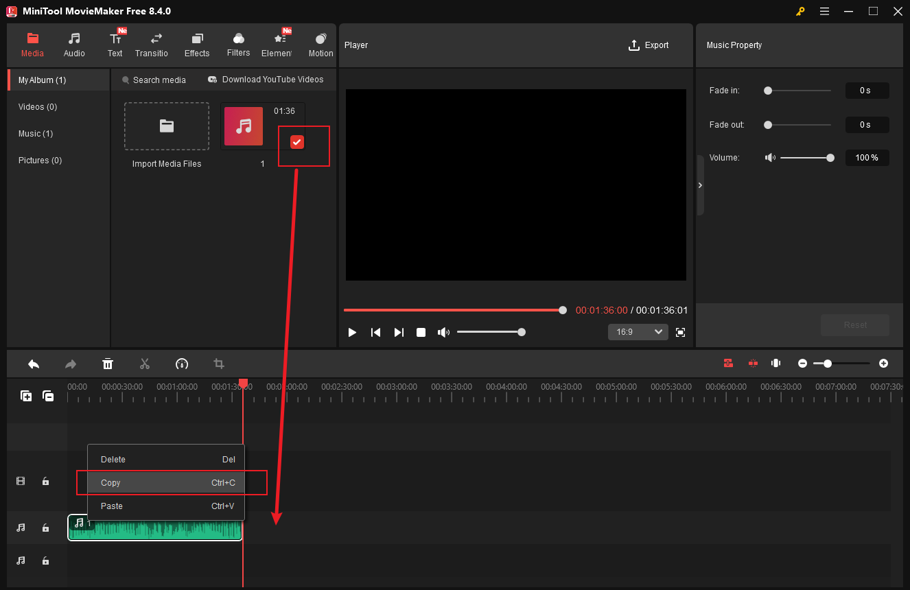 MiniTool MovieMaker interface that shows how to loop music.