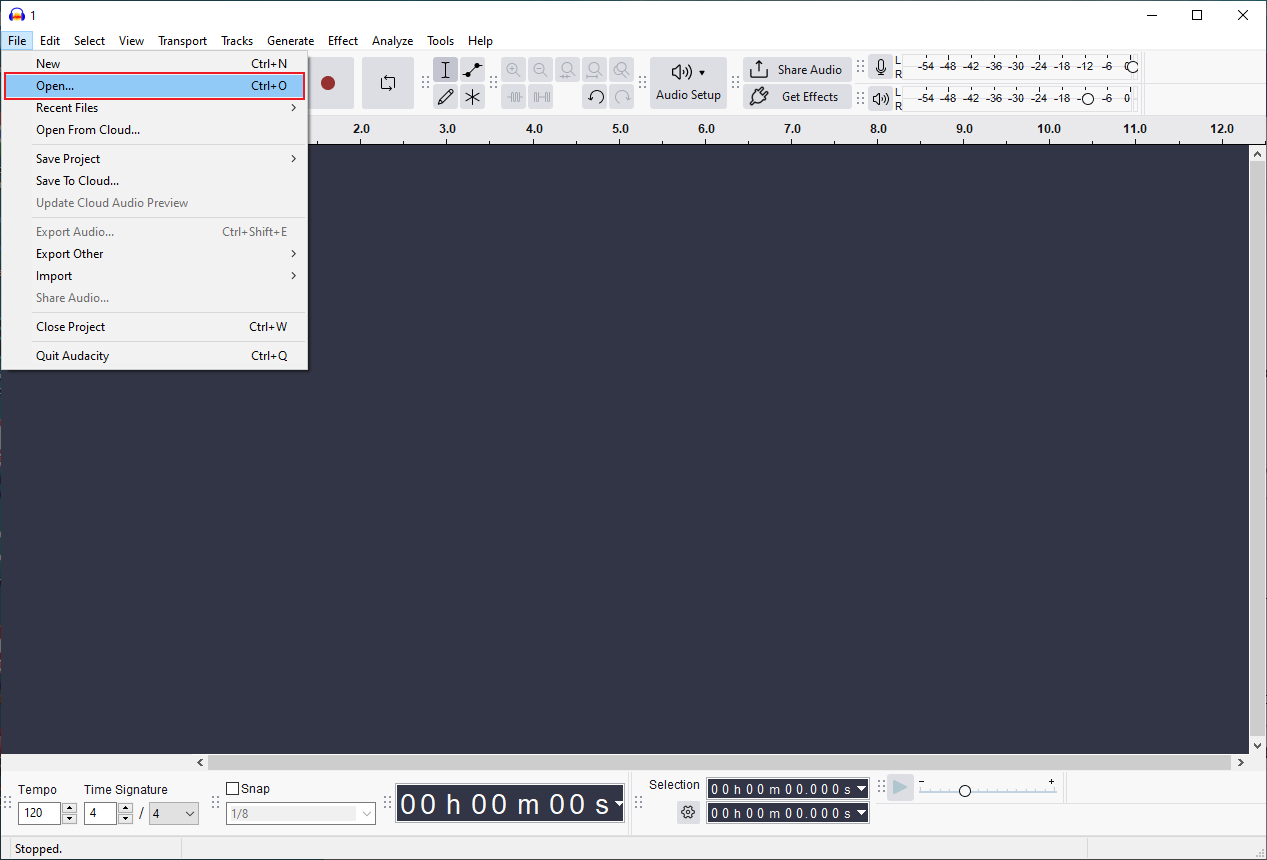 Audacity interface with the selected Open… option from the File tab.