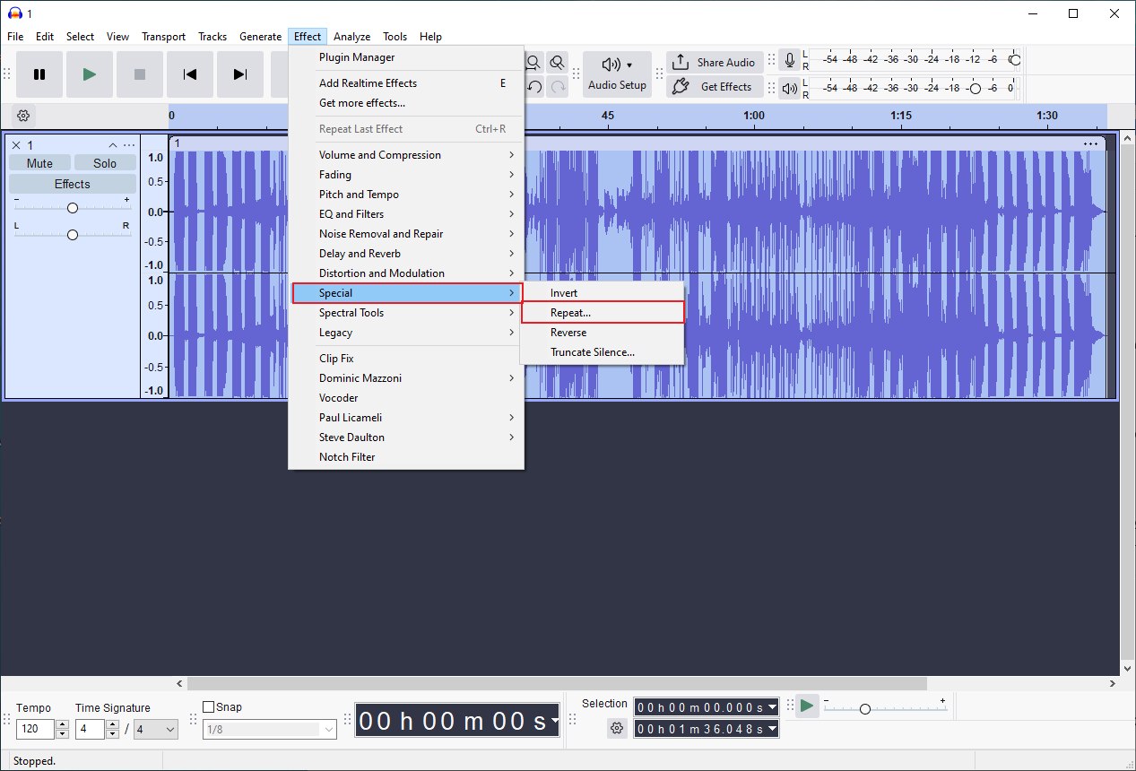 Audacity interface with the selected Repeat from the Special option.