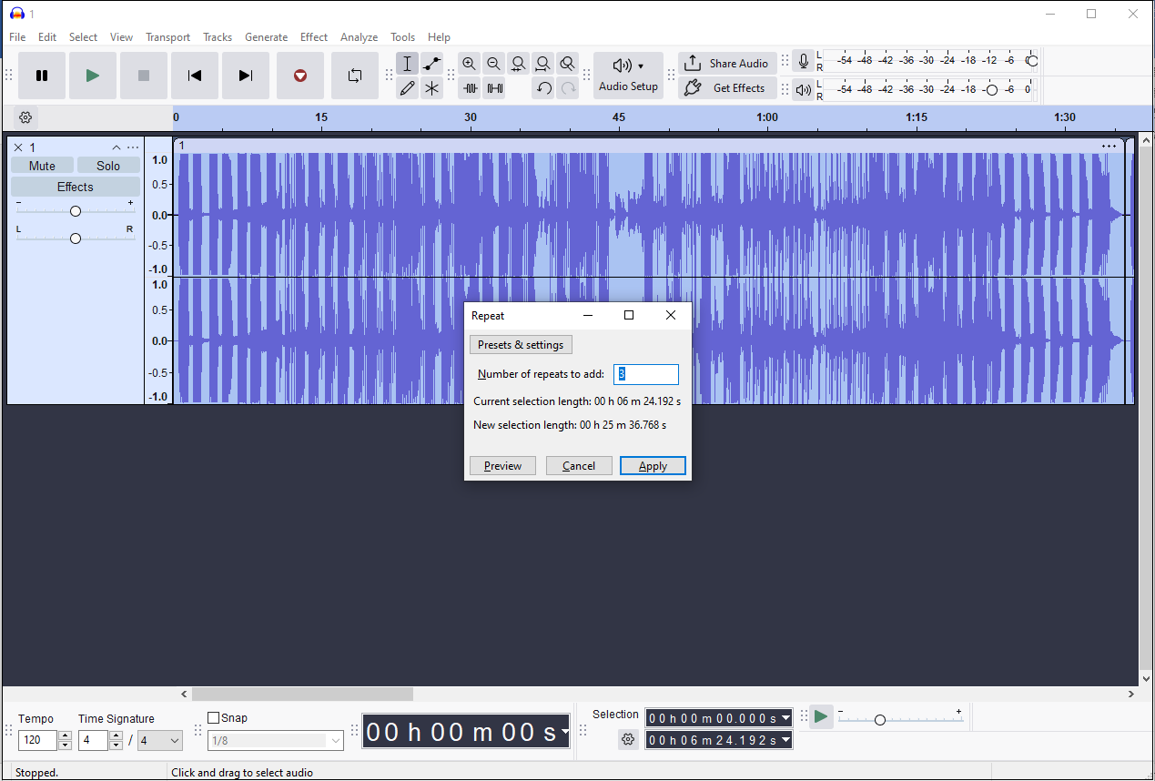 Audacity Repeat window with the highlighted Number of repeats to add.