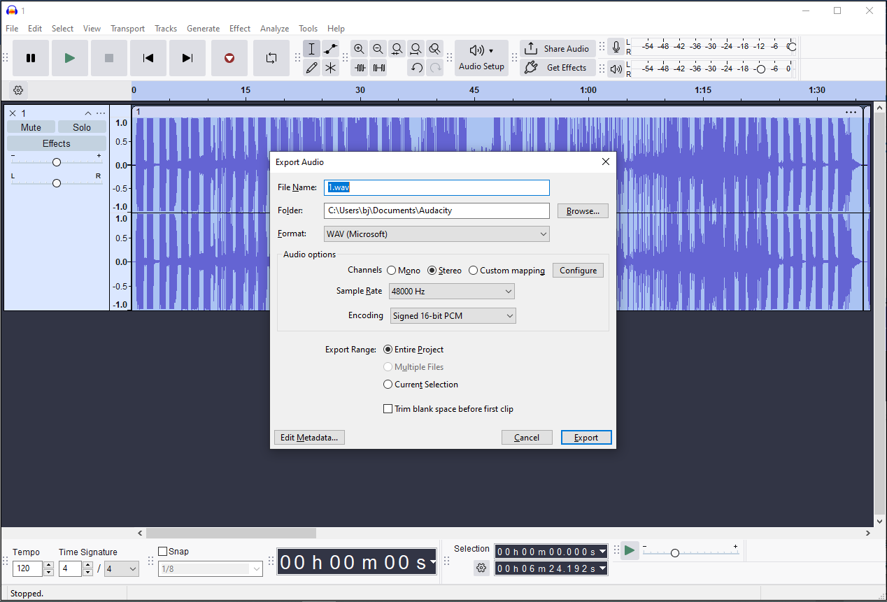 Audacity Export Audio window that shows how to customize the audio file.