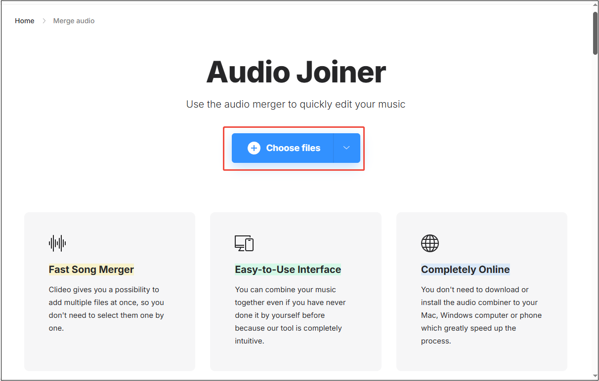 Clideo interface with the highlighted Choose files option.