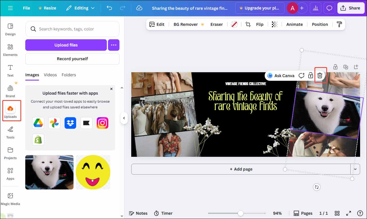 Canva interface with the selected Delete and Uploads icon.