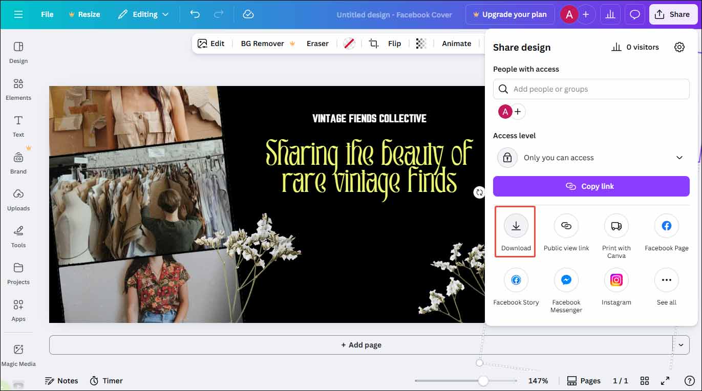 Canva interface with the highlighted Download option.