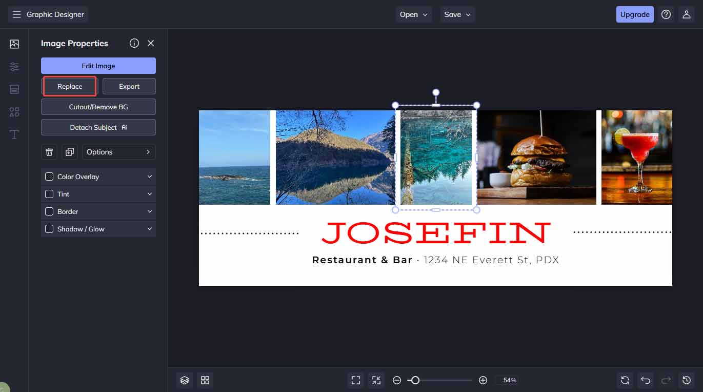 BeFunky interface with the highlighted Replace option.