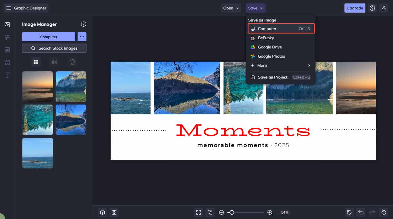BeFunky interface with the highlighted Computer option from the Save tab.