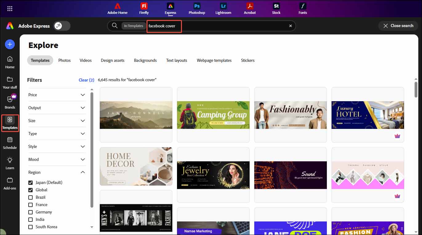 Adobe Express interface with the selected Facebook cover in the search bar.