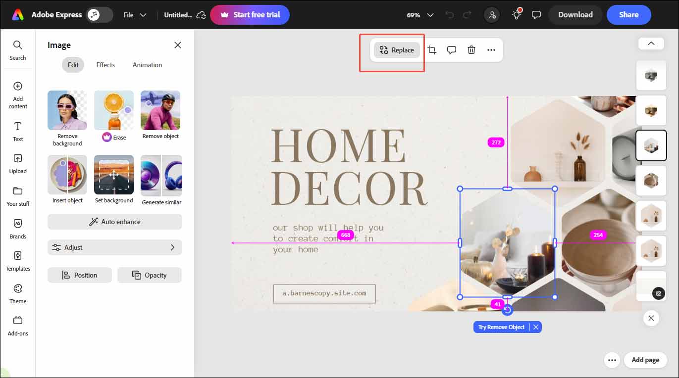 Adobe Express interface with the selected Replace option.