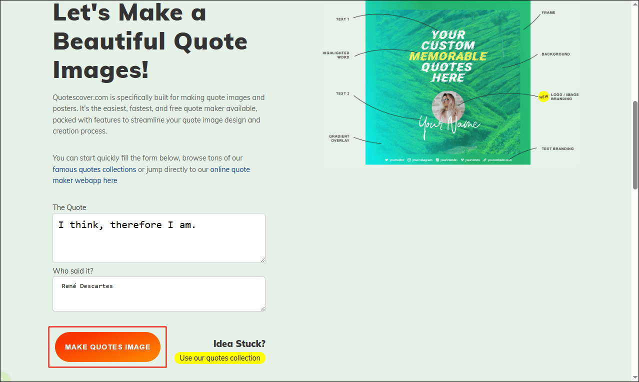 QuotesCover interface with the selected MAKE QUOTES IMAGE option.