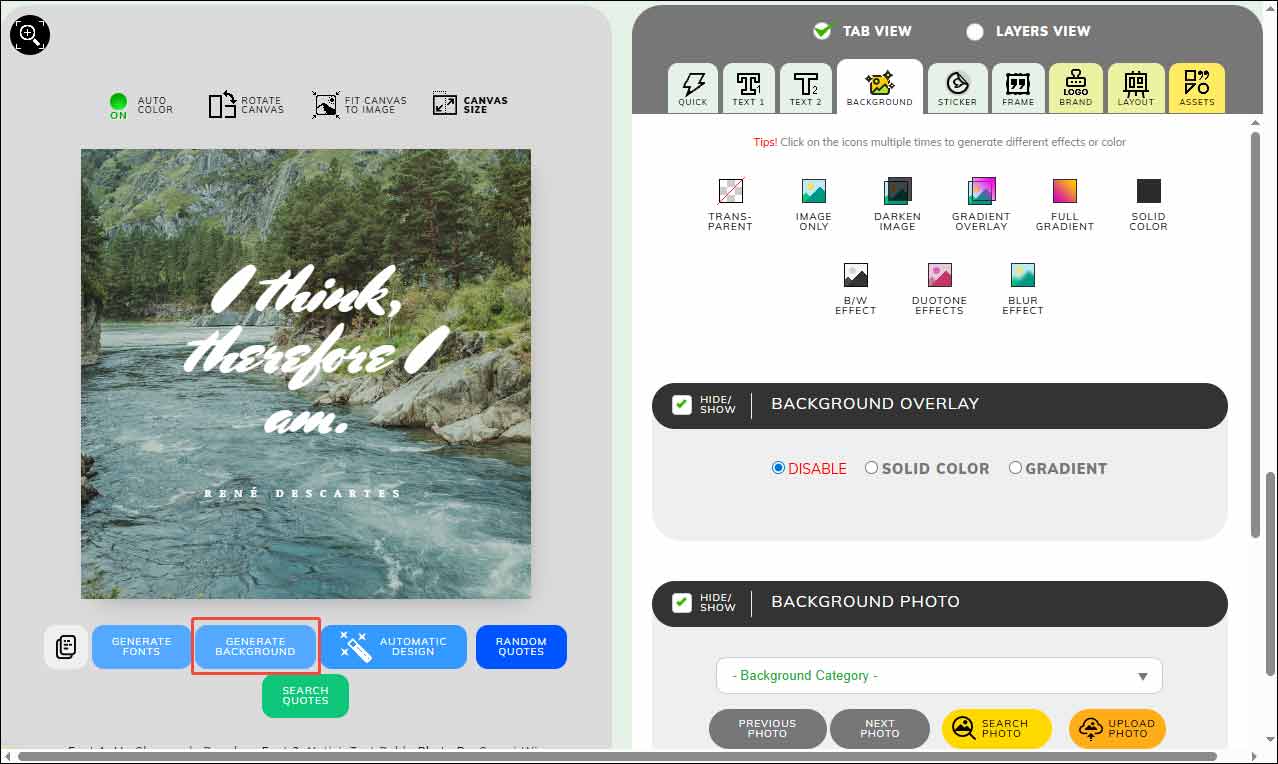 QuotesCover interface with the selected GENERATE BACKGROUND under the poster.