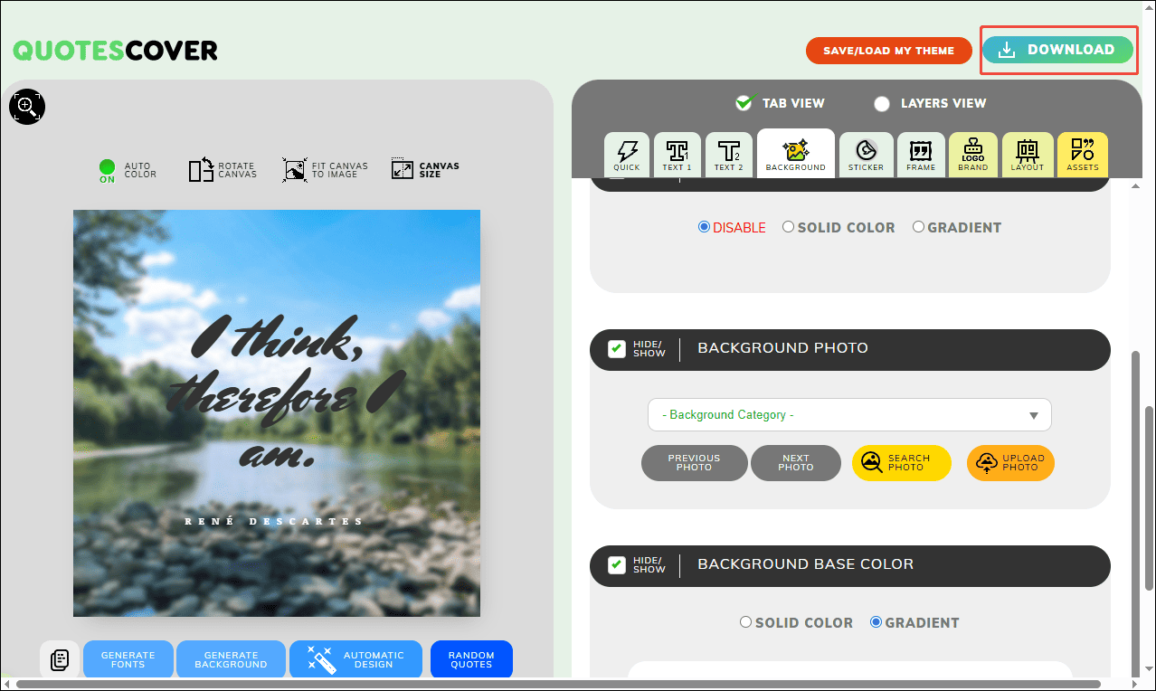 QuotesCover interface with the selected DOWNLOAD option.